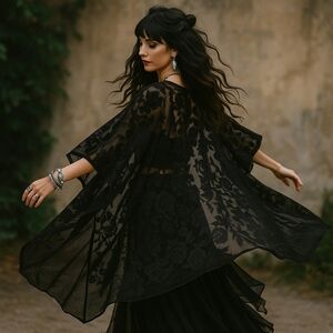 Jessica McClintock Whimsigoth Sheer Lace Kimono One Size Black Dark Boho Goth